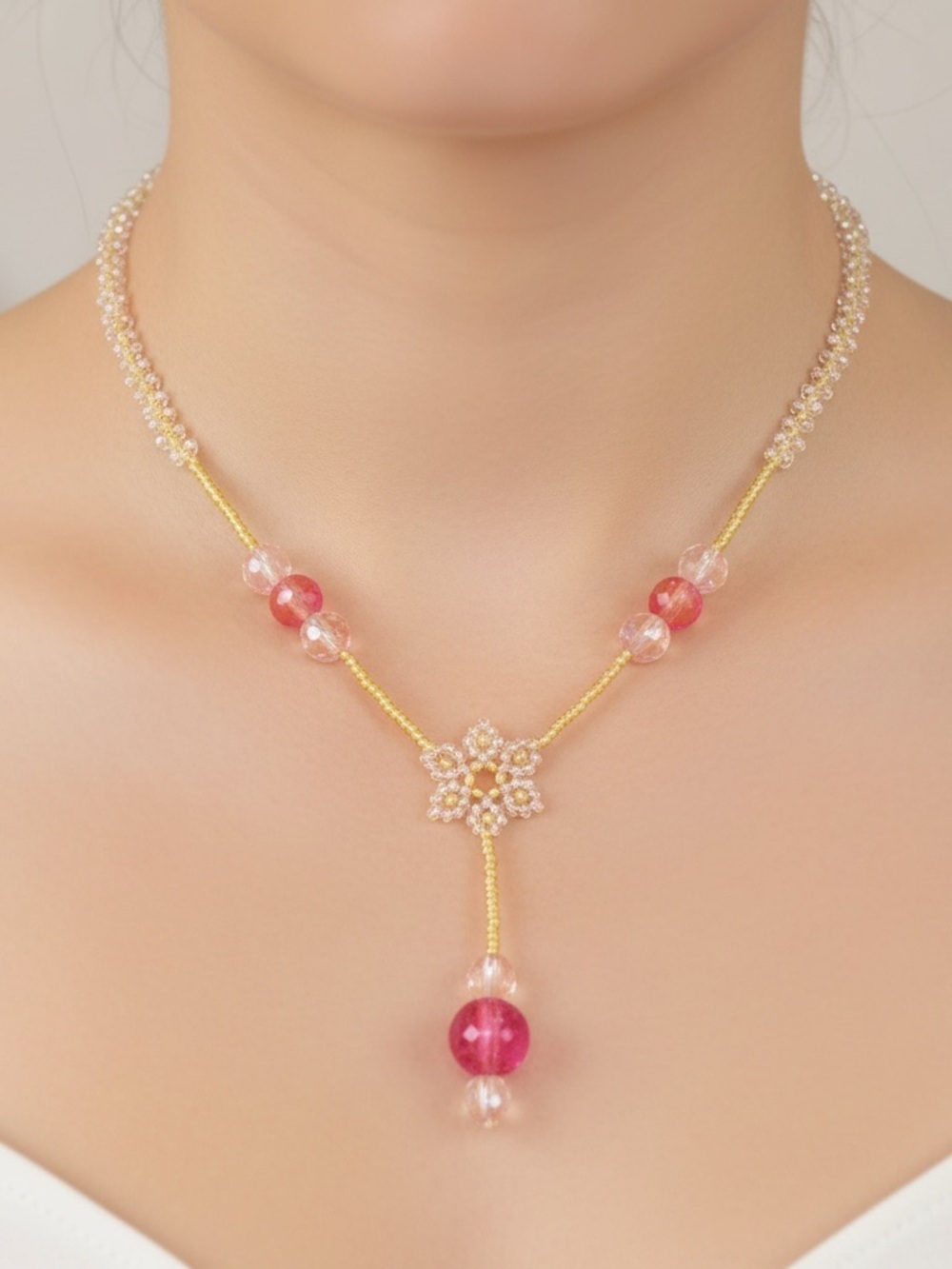 Pink Beaded Floral Drop Necklace